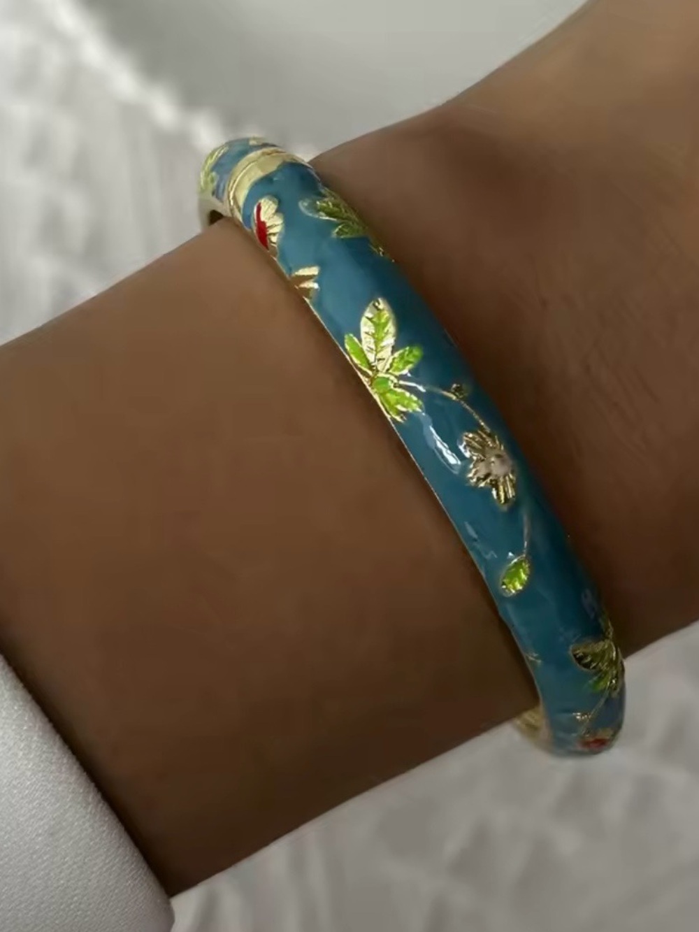 Gold-Trim Turquoise Floral Enamel Bangle Bracelet